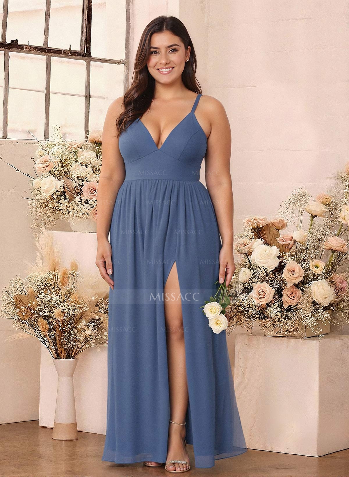 Simple A-Line Plunge Neck Floor-Length Chiffon Bridesmaid With Split Front