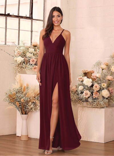 Simple A-Line Plunge Neck Floor-Length Chiffon Bridesmaid With Split Front
