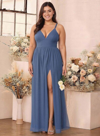 Simple A-Line Plunge Neck Floor-Length Chiffon Bridesmaid With Split Front