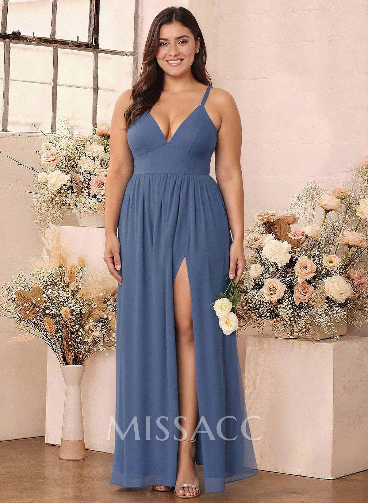 Simple A-Line Plunge Neck Floor-Length Chiffon Bridesmaid With Split Front Simple A-Line Plunge Neck Floor-Length Chiffon Bridesmaid With Split Front