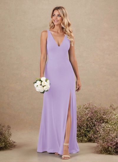 Simple A-Line Plunge Neck Floor-Length Chiffon Bridesmaid With Split Front
