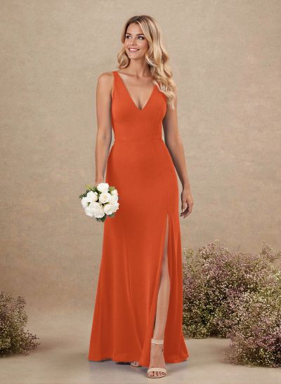 Simple A-Line Plunge Neck Floor-Length Chiffon Bridesmaid With Split Front
