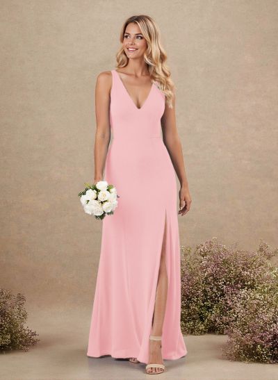 Simple A-Line Plunge Neck Floor-Length Chiffon Bridesmaid With Split Front