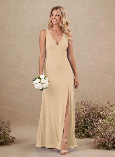 Simple A-Line Plunge Neck Floor-Length Chiffon Bridesmaid With Split Front