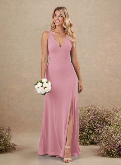 Simple A-Line Plunge Neck Floor-Length Chiffon Bridesmaid With Split Front