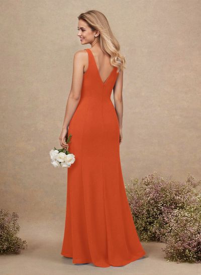 Simple A-Line Plunge Neck Floor-Length Chiffon Bridesmaid With Split Front