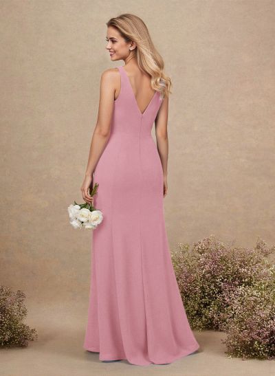 Simple A-Line Plunge Neck Floor-Length Chiffon Bridesmaid With Split Front