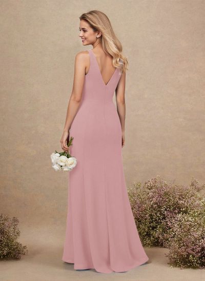 Simple A-Line Plunge Neck Floor-Length Chiffon Bridesmaid With Split Front