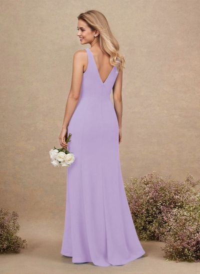 Simple A-Line Plunge Neck Floor-Length Chiffon Bridesmaid With Split Front