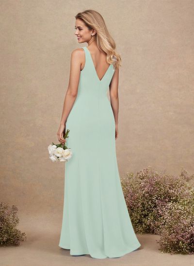 Simple A-Line Plunge Neck Floor-Length Chiffon Bridesmaid With Split Front