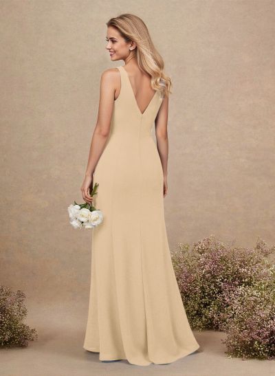Simple A-Line Plunge Neck Floor-Length Chiffon Bridesmaid With Split Front