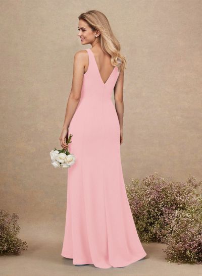 Simple A-Line Plunge Neck Floor-Length Chiffon Bridesmaid With Split Front