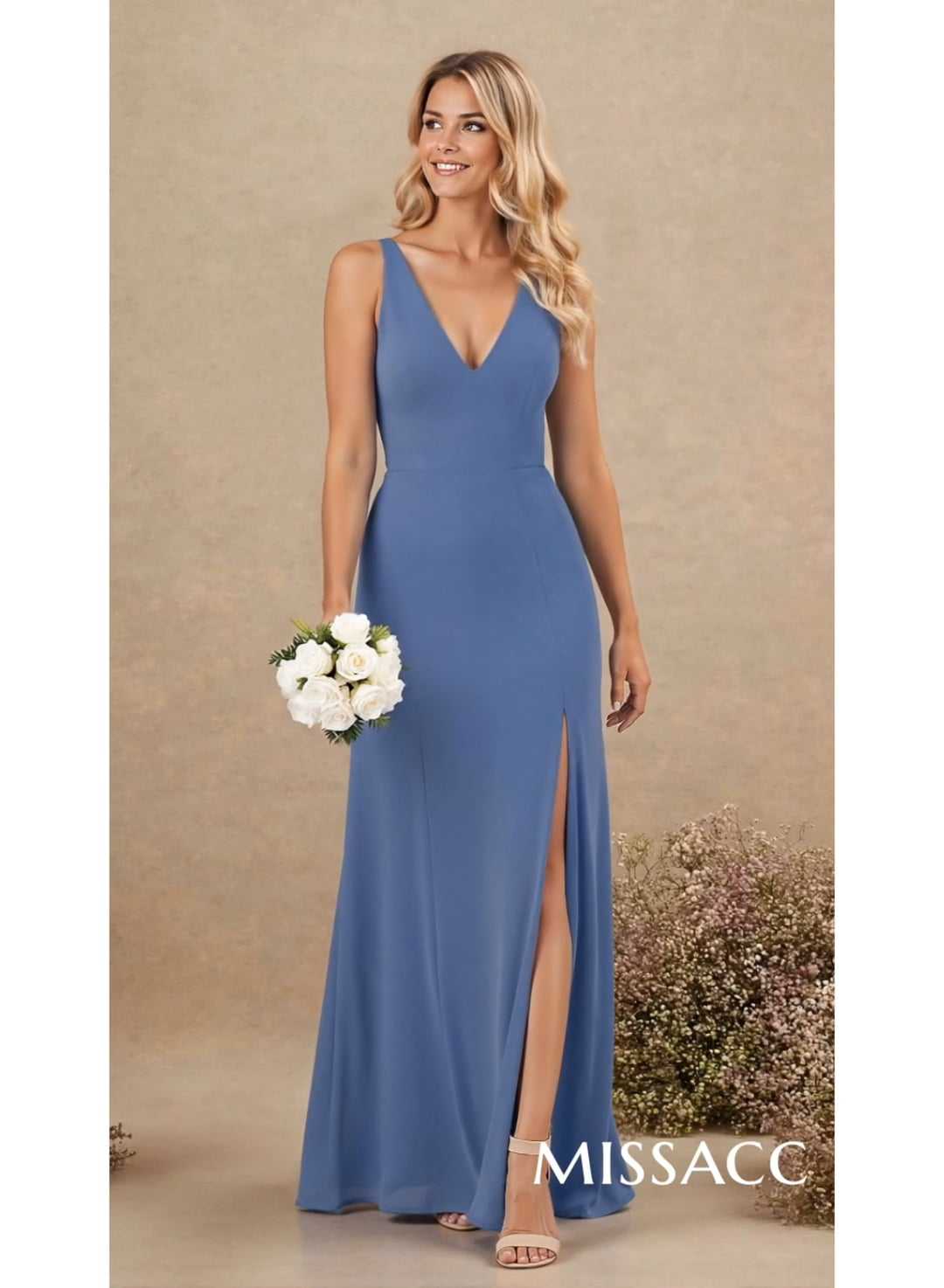 Simple A-Line Plunge Neck Floor-Length Chiffon Bridesmaid With Split Front