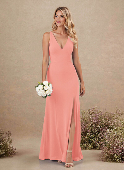 Simple Trumpet/Mermaid Plunge Neck Floor-Length Chiffon Bridesmaid With Split Front