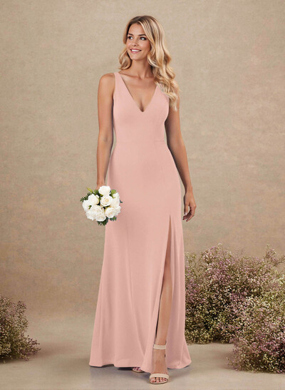 Simple A-Line Plunge Neck Floor-Length Chiffon Bridesmaid With Split Front