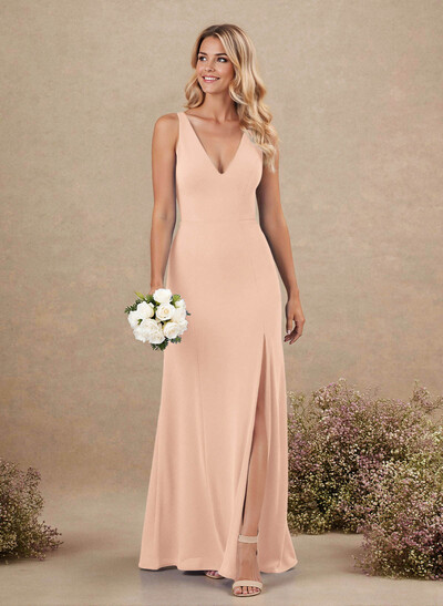 Simple Trumpet/Mermaid Plunge Neck Floor-Length Chiffon Bridesmaid With Split Front