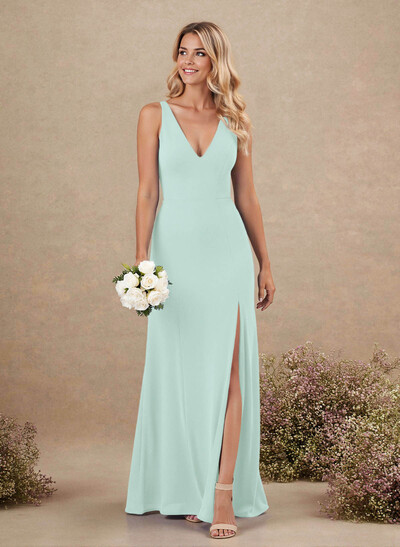Simple A-Line Plunge Neck Floor-Length Chiffon Bridesmaid With Split Front