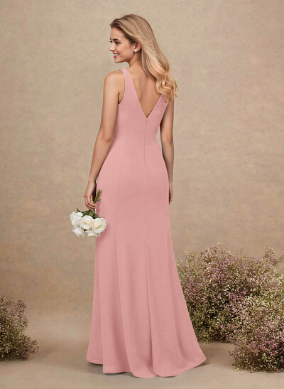 Simple A-Line Plunge Neck Floor-Length Chiffon Bridesmaid With Split Front