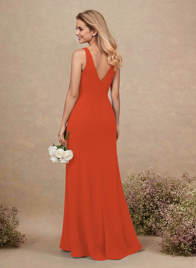 Simple A-Line Plunge Neck Floor-Length Chiffon Bridesmaid With Split Front