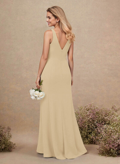 Simple A-Line Plunge Neck Floor-Length Chiffon Bridesmaid With Split Front
