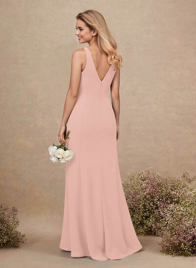 Simple A-Line Plunge Neck Floor-Length Chiffon Bridesmaid With Split Front