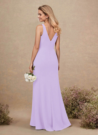 Simple A-Line Plunge Neck Floor-Length Chiffon Bridesmaid With Split Front