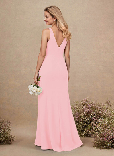 Simple A-Line Plunge Neck Floor-Length Chiffon Bridesmaid With Split Front