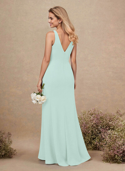 Simple A-Line Plunge Neck Floor-Length Chiffon Bridesmaid With Split Front