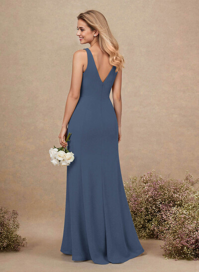 Simple A-Line Plunge Neck Floor-Length Chiffon Bridesmaid With Split Front