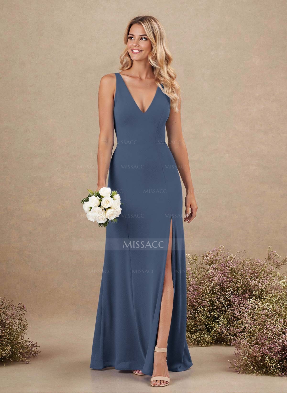 Simple A-Line Plunge Neck Floor-Length Chiffon Bridesmaid With Split Front