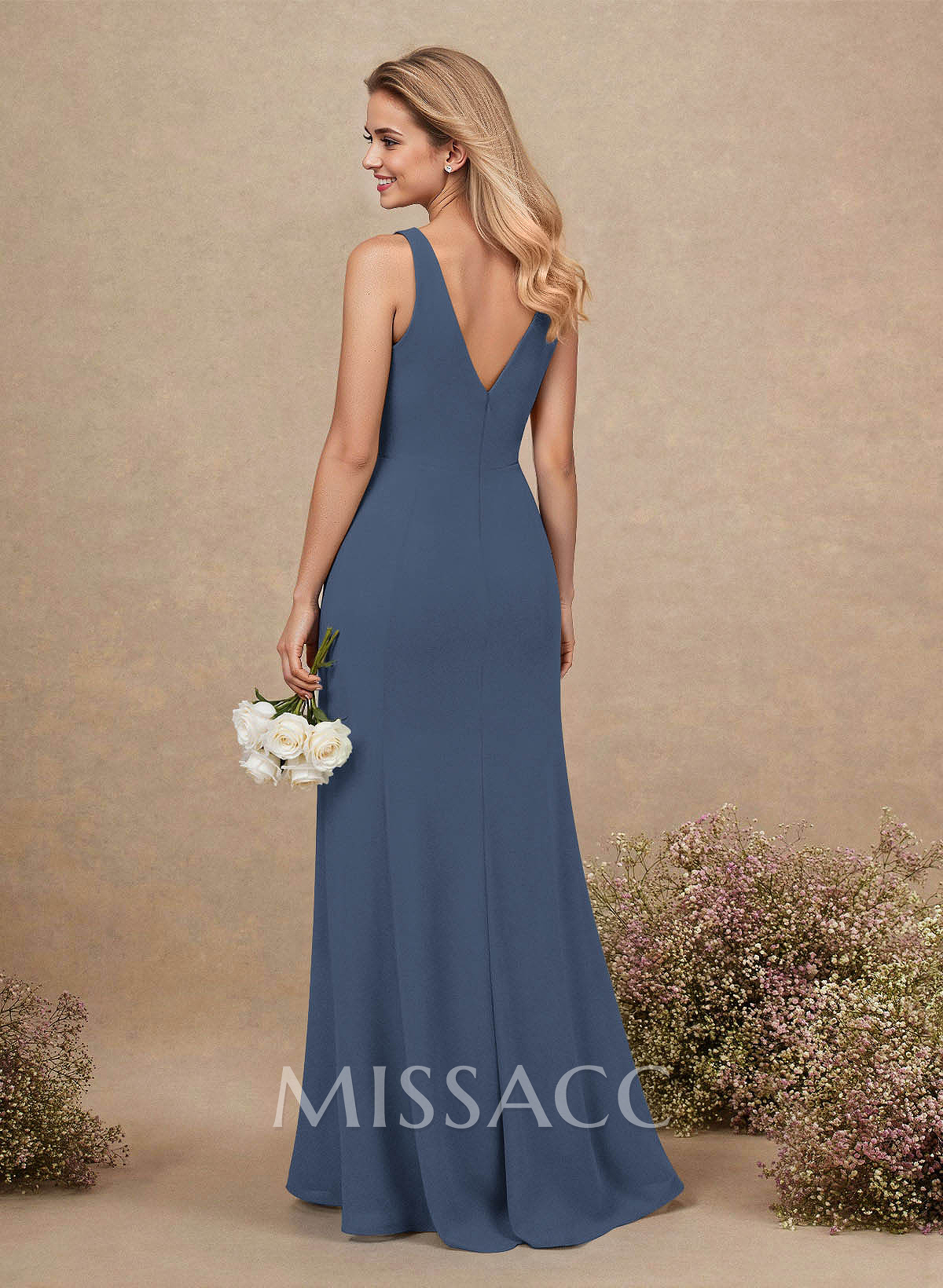 Simple Trumpet/Mermaid Plunge Neck Floor-Length Chiffon Bridesmaid With Split Front Simple Trumpet/Mermaid Plunge Neck Floor-Length Chiffon Bridesmaid With Split Front