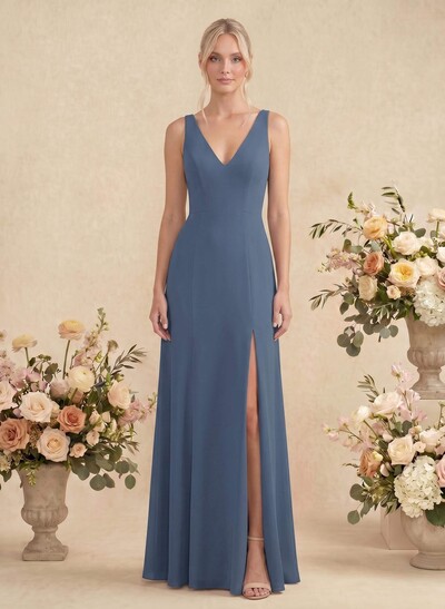 Simple Trumpet/Mermaid Plunge Neck Floor-Length Chiffon Bridesmaid With Split Front