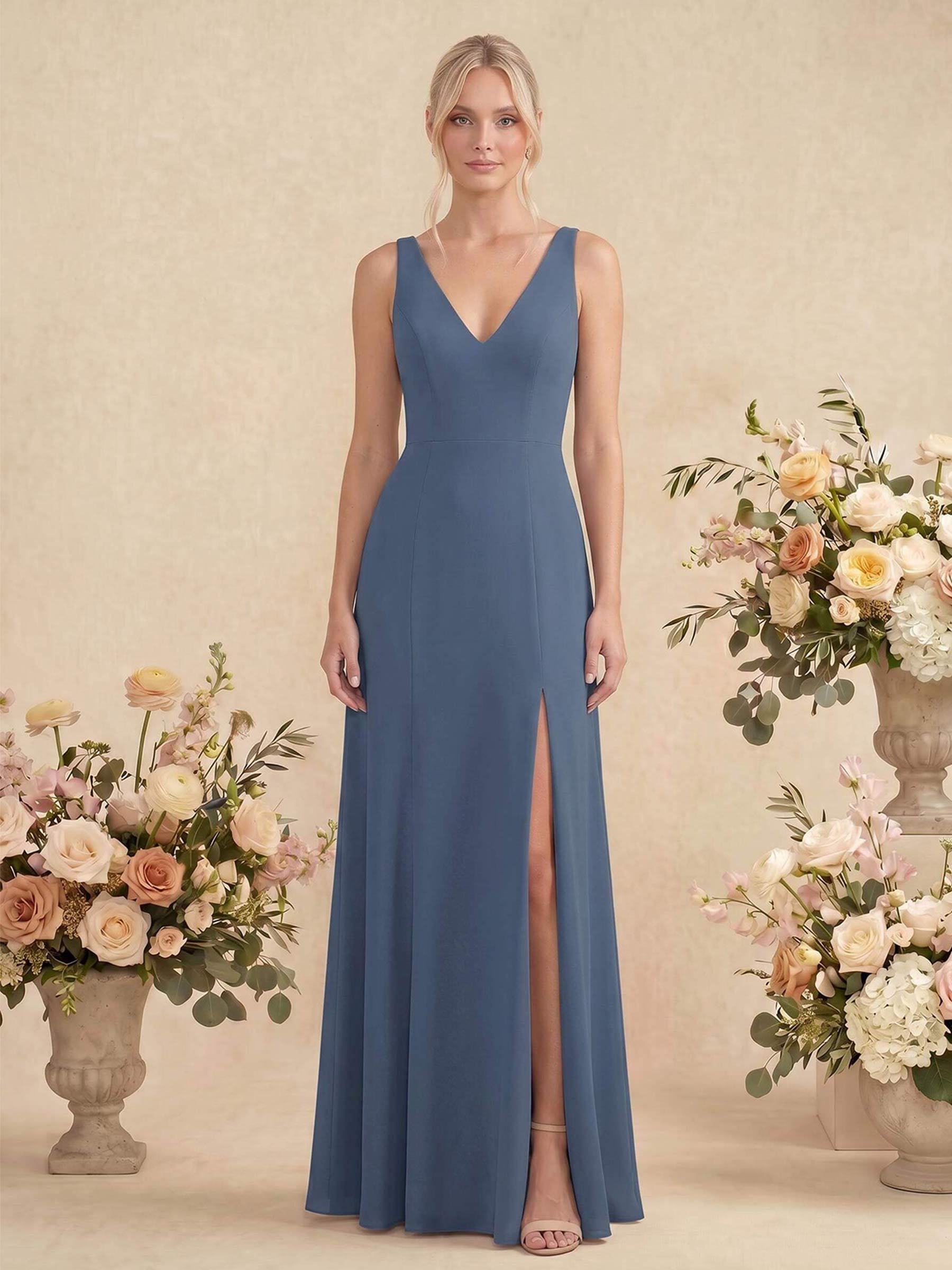 Simple Trumpet/Mermaid Plunge Neck Floor-Length Chiffon Bridesmaid With Split Front