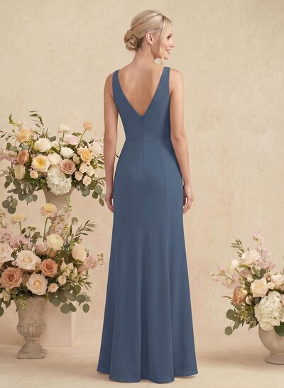 Simple Trumpet/Mermaid Plunge Neck Floor-Length Chiffon Bridesmaid With Split Front