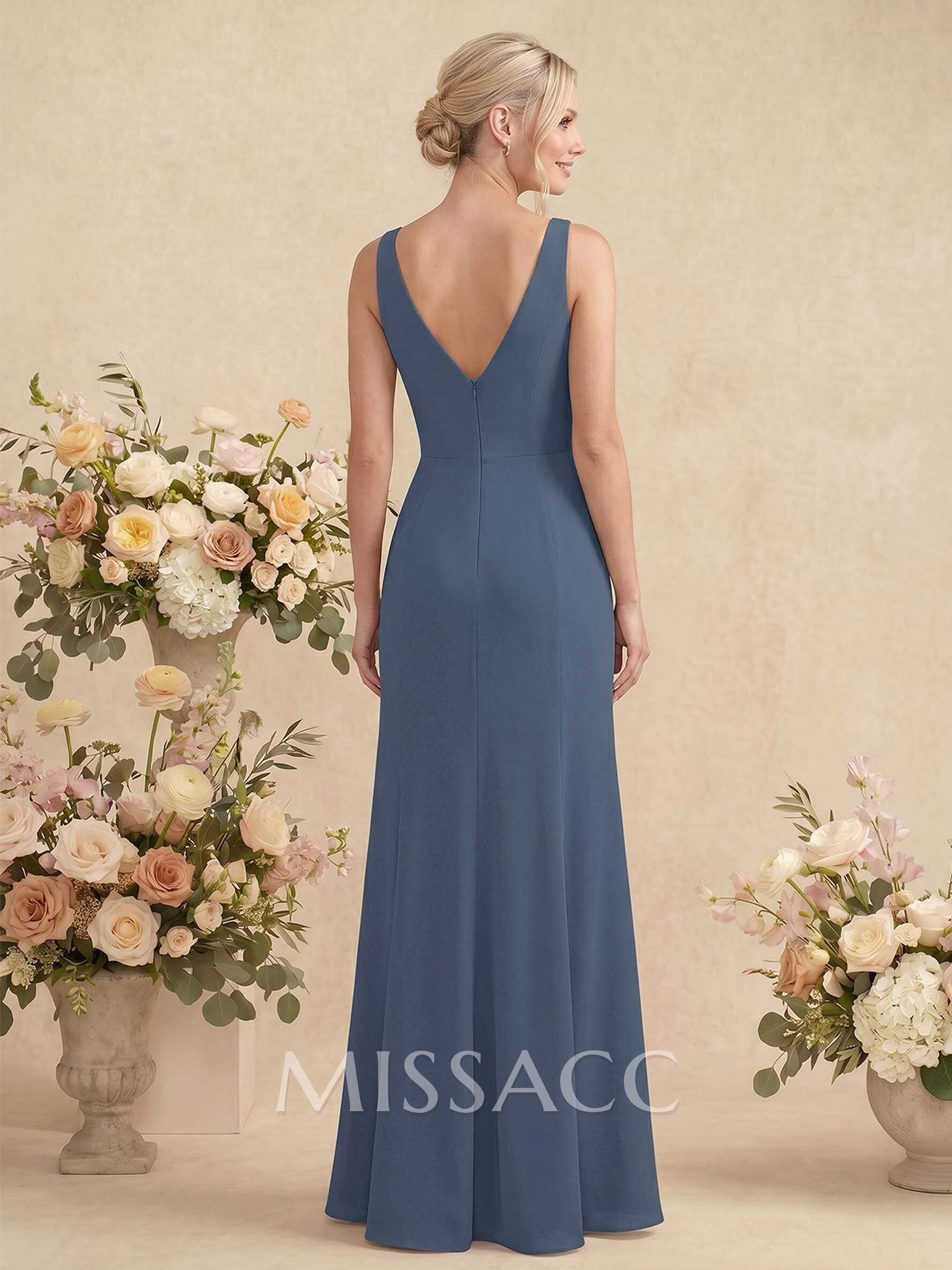 Simple Trumpet/Mermaid Plunge Neck Floor-Length Chiffon Bridesmaid With Split Front