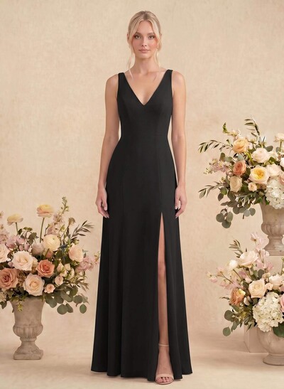 Simple Trumpet/Mermaid Plunge Neck Floor-Length Chiffon Bridesmaid With Split Front