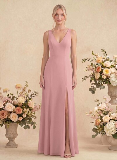 Simple Trumpet/Mermaid Plunge Neck Floor-Length Chiffon Bridesmaid With Split Front