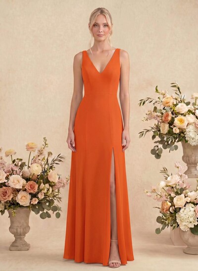 Simple Trumpet/Mermaid Plunge Neck Floor-Length Chiffon Bridesmaid With Split Front