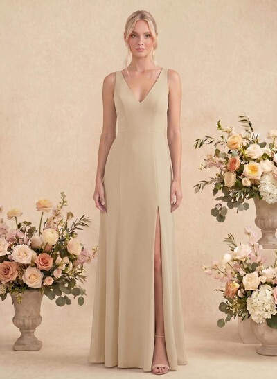 Simple Trumpet/Mermaid Plunge Neck Floor-Length Chiffon Bridesmaid With Split Front