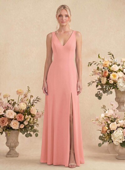 Simple Trumpet/Mermaid Plunge Neck Floor-Length Chiffon Bridesmaid With Split Front