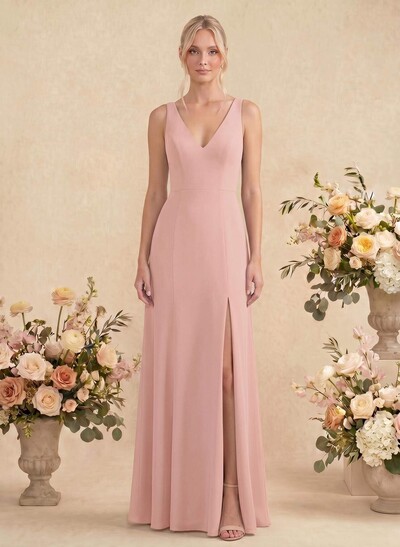 Simple Trumpet/Mermaid Plunge Neck Floor-Length Chiffon Bridesmaid With Split Front