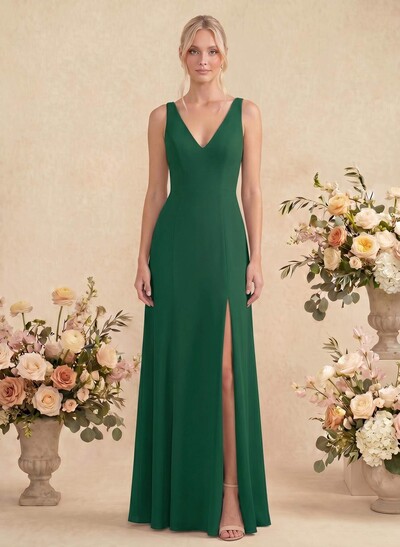 Simple Trumpet/Mermaid Plunge Neck Floor-Length Chiffon Bridesmaid With Split Front
