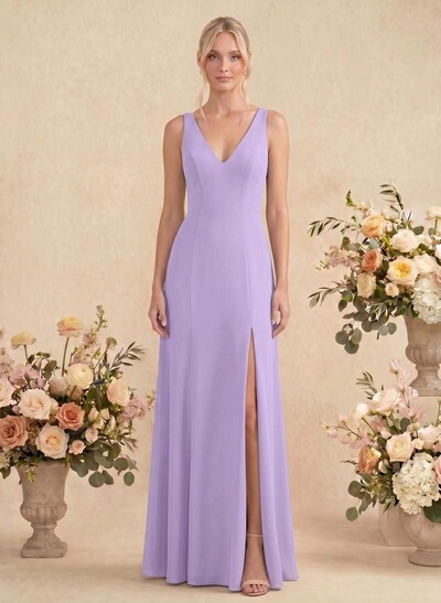 Simple Trumpet/Mermaid Plunge Neck Floor-Length Chiffon Bridesmaid With Split Front