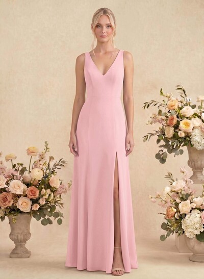 Simple Trumpet/Mermaid Plunge Neck Floor-Length Chiffon Bridesmaid With Split Front