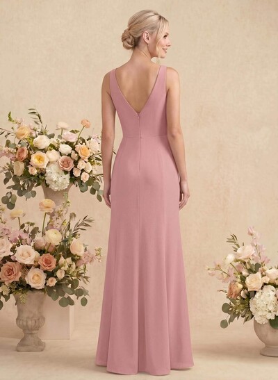 Simple Trumpet/Mermaid Plunge Neck Floor-Length Chiffon Bridesmaid With Split Front