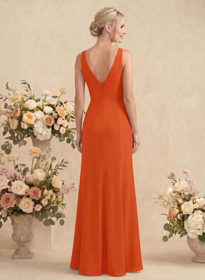 Simple Trumpet/Mermaid Plunge Neck Floor-Length Chiffon Bridesmaid With Split Front