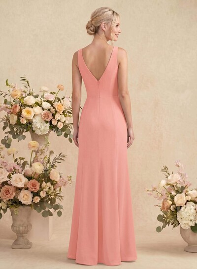 Simple Trumpet/Mermaid Plunge Neck Floor-Length Chiffon Bridesmaid With Split Front
