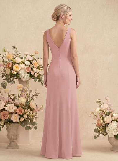 Simple Trumpet/Mermaid Plunge Neck Floor-Length Chiffon Bridesmaid With Split Front