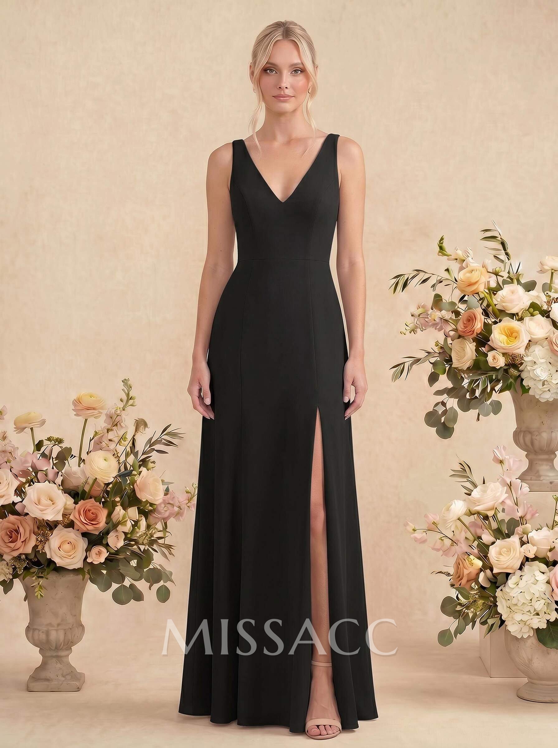 Simple Trumpet/Mermaid Plunge Neck Floor-Length Chiffon Bridesmaid With Split Front