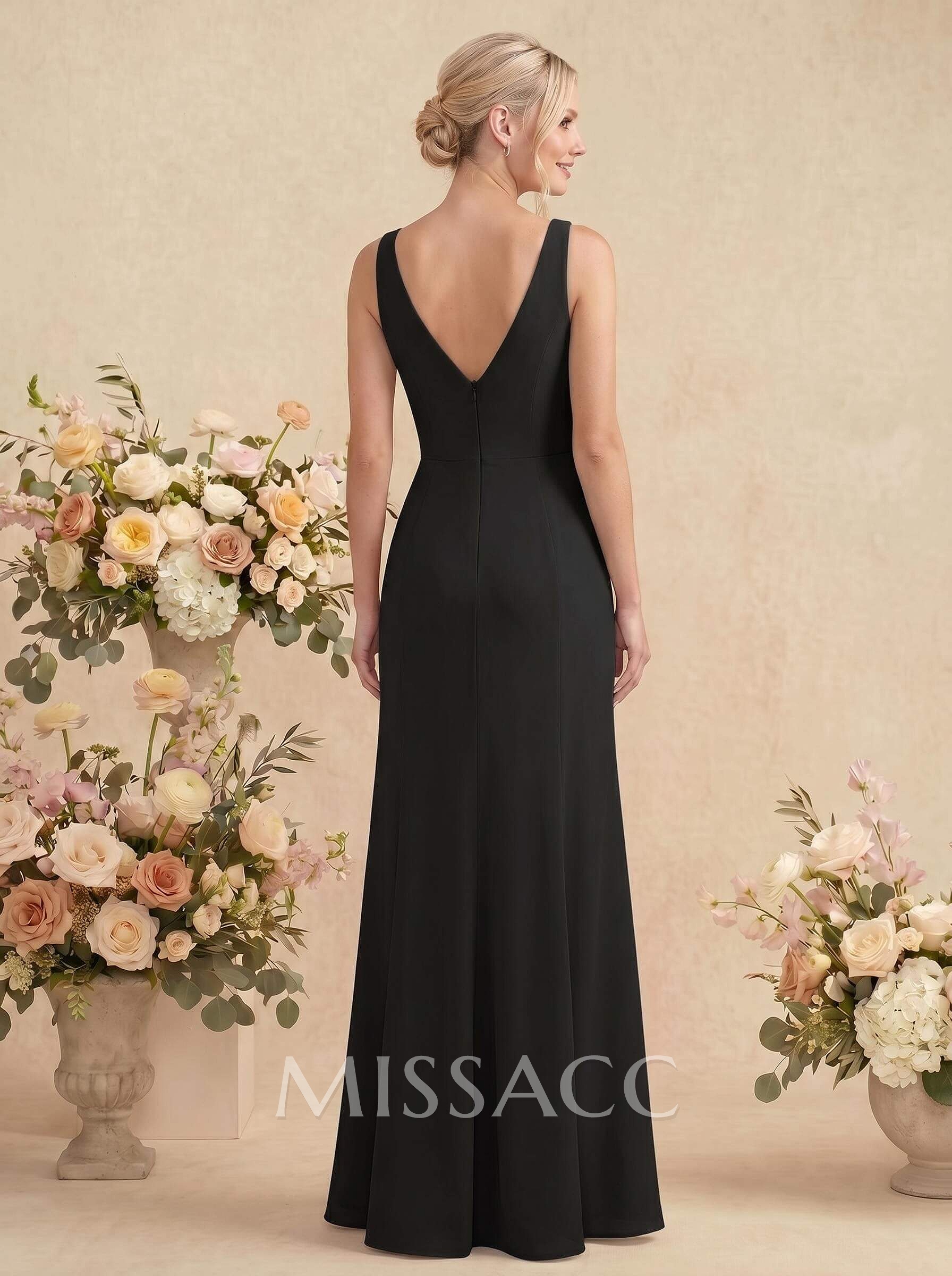 Simple Trumpet/Mermaid Plunge Neck Floor-Length Chiffon Bridesmaid With Split Front
